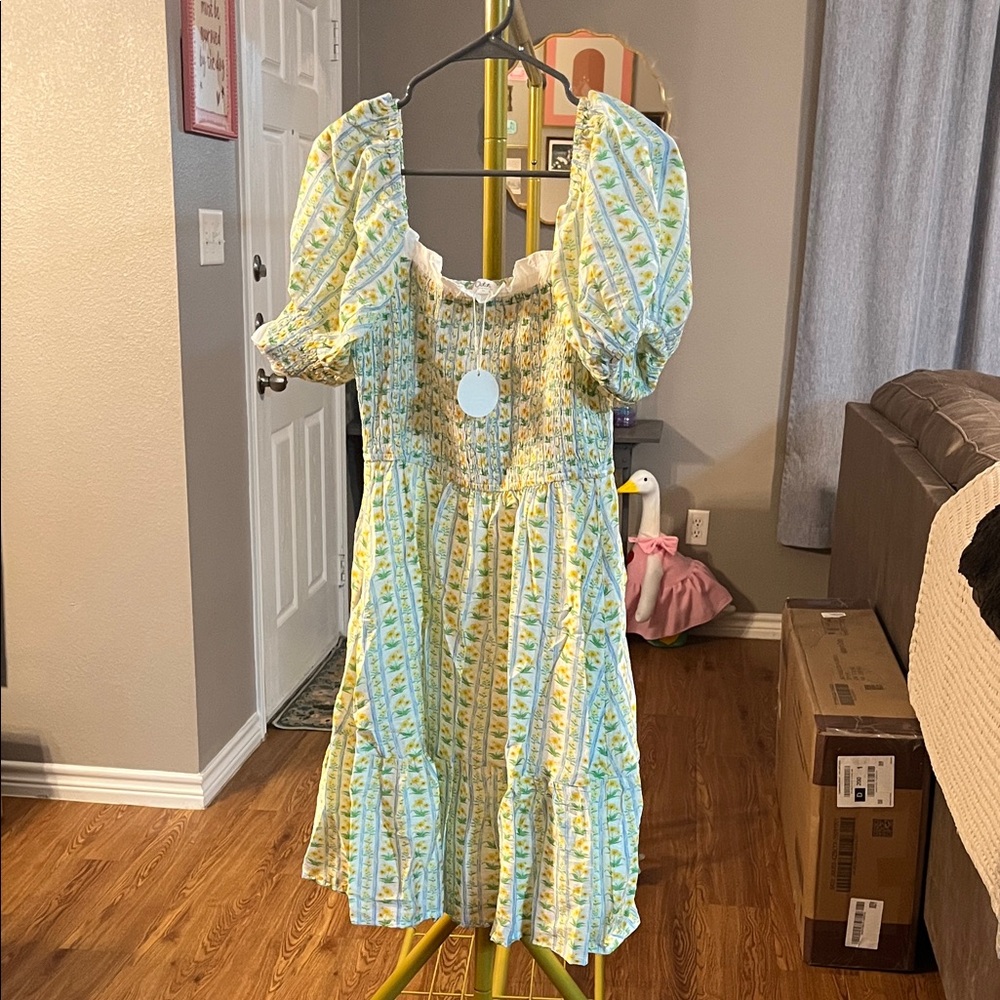 Floral Puff Sleeve Summer Dress in Yellow & Light Blue